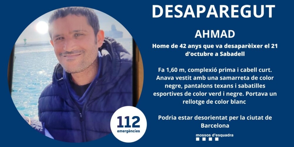 Ahmad, desaparegut el 21 d'octubre a Sabadell. Autor: @mossos via X.