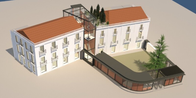 La Casa Grau, a la dreta, i l'edifici de serveis socials, segons l'avantprojecte. Font: Ajuntament i Fundació BS per fer el Centre de Cultura. 