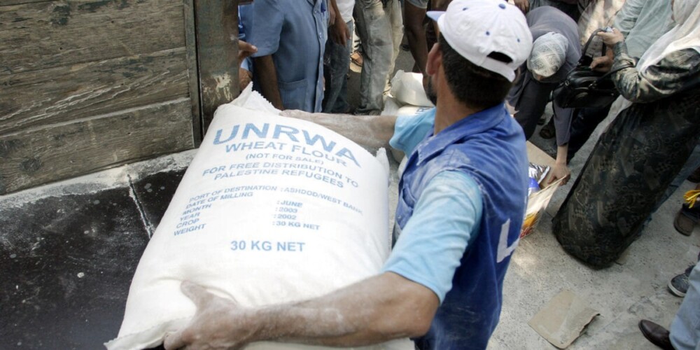A view of distribution of wheat flour to Palestine Refugees by the United Nations Relief and Works Agency for Palestine Refugees in the Near East (UNRWA).