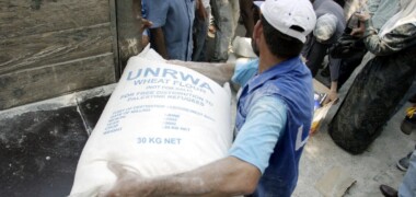 A view of distribution of wheat flour to Palestine Refugees by the United Nations Relief and Works Agency for Palestine Refugees in the Near East (UNRWA).