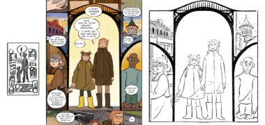 Una de les pàgines de 'La cartolina' i un esborrany de la mateixa pàgina. Autora: Marina Vidal.