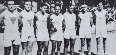 Equip del Juventus. De dreta a esquerra: Novas, Comabella, Espop, Armengol, Morral, Massagué i Barquet.